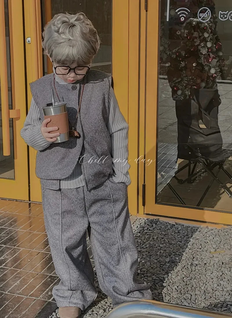 Children's Winter Thick 3pcs Set 2026 New Kids Boys & Girls Fashionable High Collar Sweater + Padding Vest + Velvet Pants 2-10Y