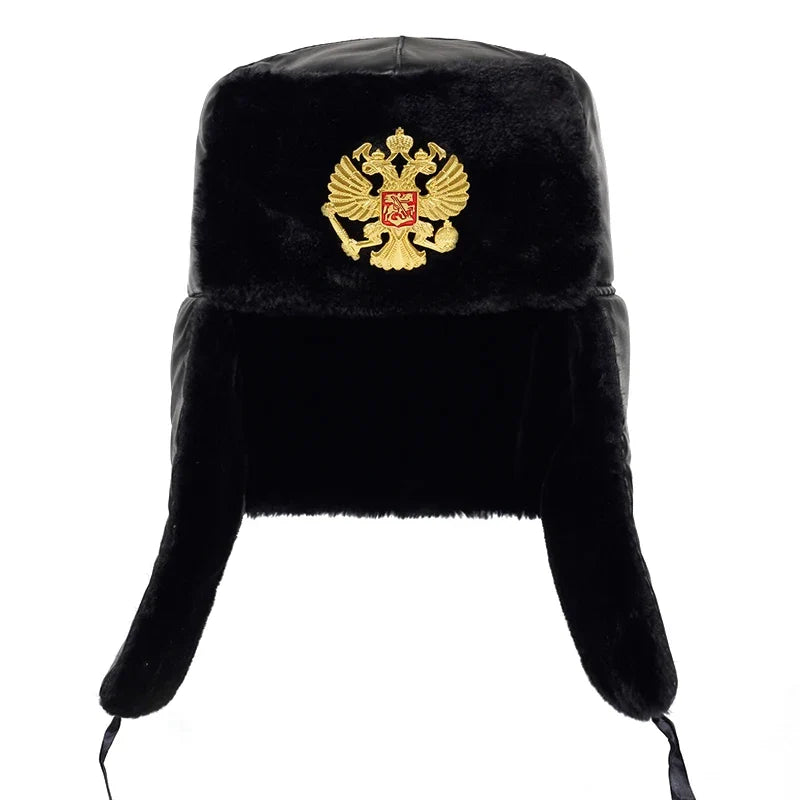 Soviet Army Military Badge Russia Ushanka Bomber Hats Pilot Trapper Trooper Hat Winter Faux Rabbit Fur Earflap Men Snow Caps