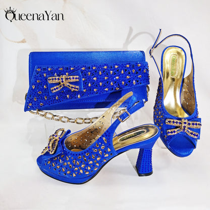 2025 Elegant Women's Peep-Toe Heels and Matching Olive Color Diamond Pumps Set Stylish Italian Shoes and Bags for Parties