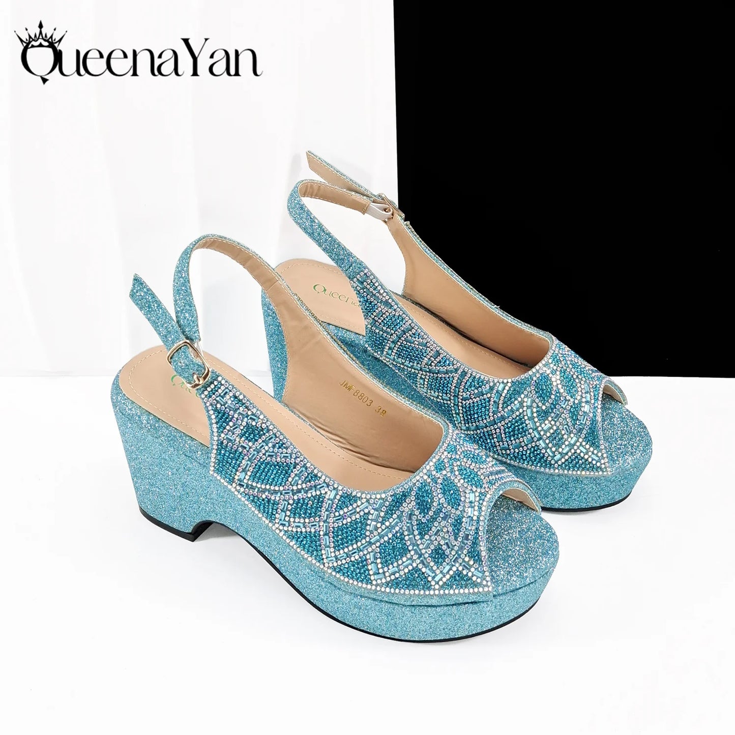 Sky Blue Elegant Nigerian Rhinestone Wedding Shoe and Bag Set Italian Inspired High Heels and Matching Handbag