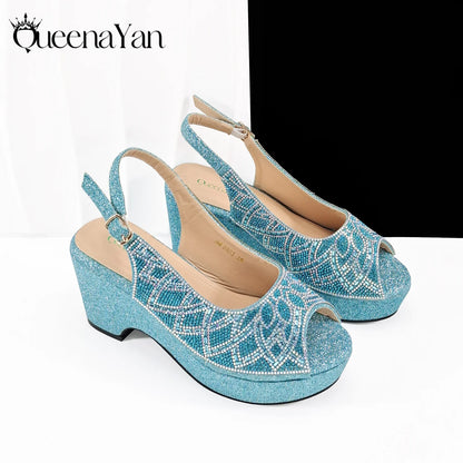 Sky Blue Elegant Nigerian Rhinestone Wedding Shoe and Bag Set Italian Inspired High Heels and Matching Handbag