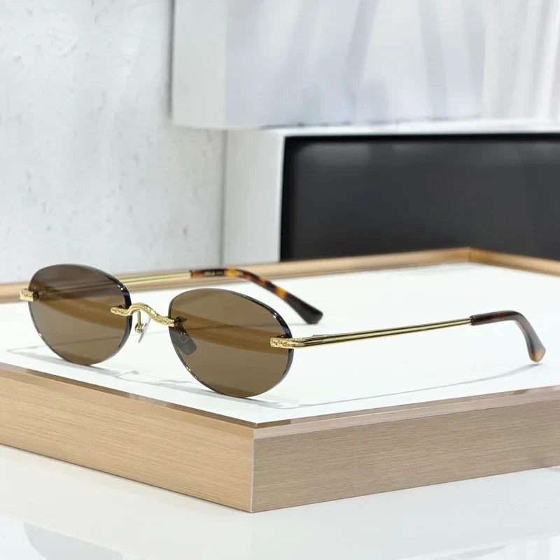 CLEO Small Oval Rimless Women's Sunglasses Alloy Men High Quality Fashion Design UV400 Handmade High Street Eyeglasses Wtih Case