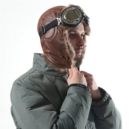 Winter Men Bomber Hat With Goggles Outdoor Motorcycle Windproof Warm Faux Fur Pilot Earflap Hat Leather Thermal Ushanka