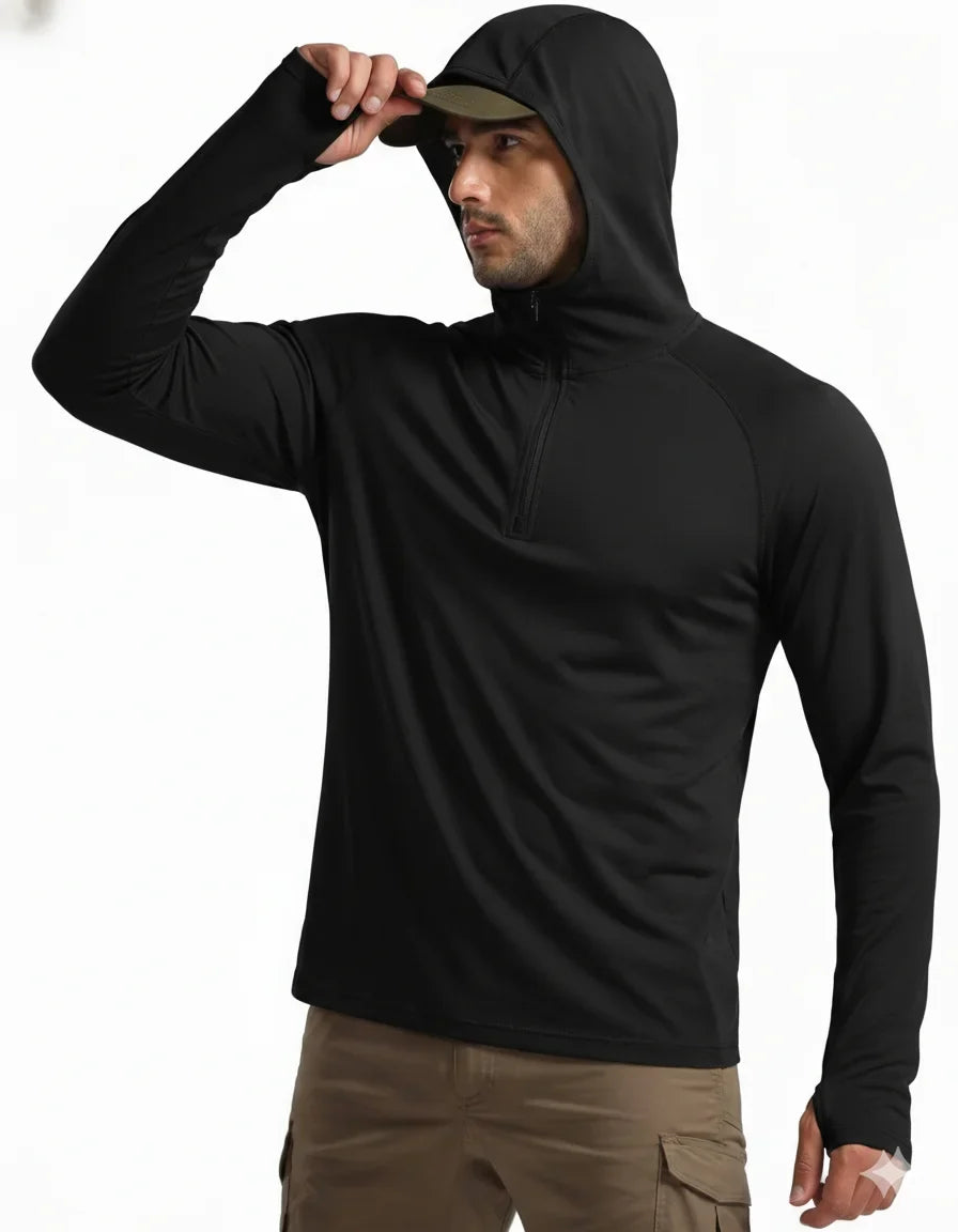 1/4 Zip Hooded Shirts Mens UPF 50+ Sun Protection Running Surfing Athletic Shirt Lightweight Rash Guard Long Sleeve