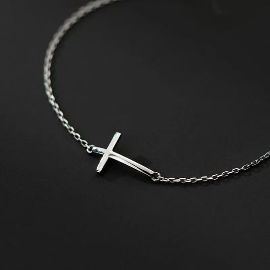 Bracelet en argent sterling 925 véritable avec croix lisse pour femme, bracelet à maillons brillants, bijou fin, cadeau de Saint-Valentin.