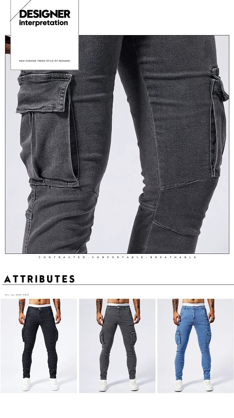 Slim Fit Large Pocket Jeans Cargo Pants for Men Fashionable Casual Hip Hop Stretch Denim Long Pants Male Streetwear Track Pants