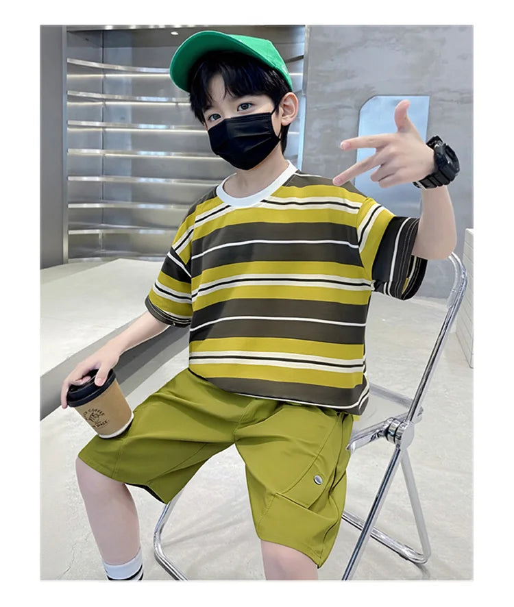Elegant Children Summer Suit Outfit for Boy Striped Top and Bottom Set Kids Teenagers Cotton T-shirt Shorts 2 Pieces Clothes Set