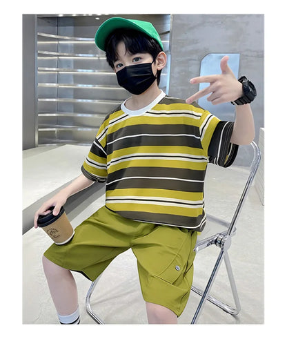 Elegant Children Summer Suit Outfit for Boy Striped Top and Bottom Set Kids Teenagers Cotton T-shirt Shorts 2 Pieces Clothes Set