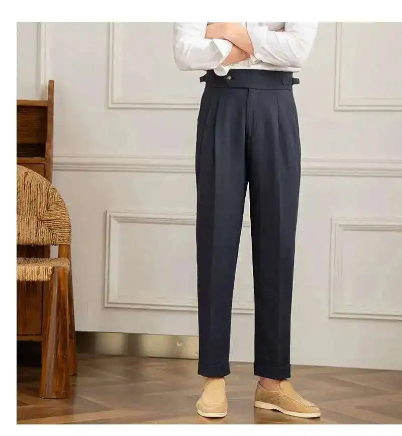 Linen Cotton High Waist Straight Casual Pants Men Versatile Naples Gentleman Pleated Pants High Quality Italian Dress Trousers