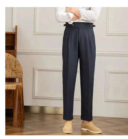 Linen Cotton High Waist Straight Casual Pants Men Versatile Naples Gentleman Pleated Pants High Quality Italian Dress Trousers