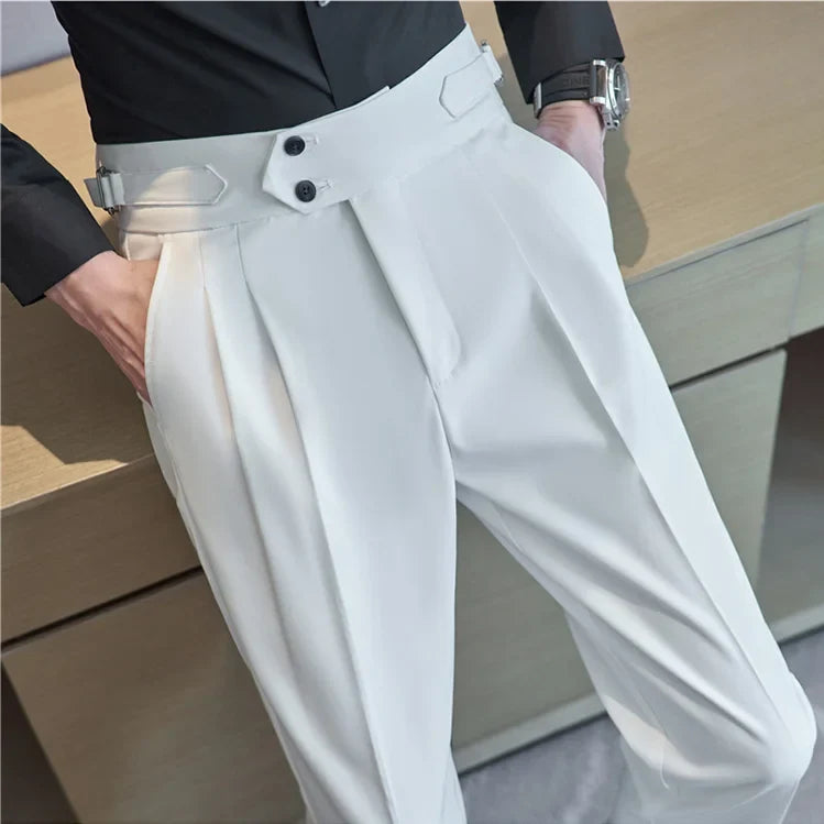 British Style Autumn New High Waist Trousers Men Belt Design Slim Fit Suit Pants Office Social Wedding Party Formal Pants Hommes
