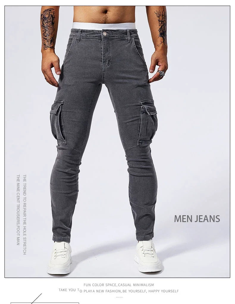 Slim Fit Large Pocket Jeans Cargo Pants for Men Fashionable Casual Hip Hop Stretch Denim Long Pants Male Streetwear Track Pants