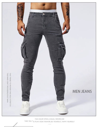 Slim Fit Large Pocket Jeans Cargo Pants for Men Fashionable Casual Hip Hop Stretch Denim Long Pants Male Streetwear Track Pants
