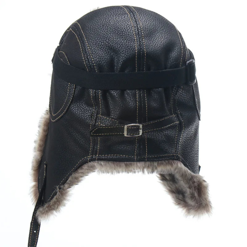 Men Winter Bomber Hat With Goggles Outdoor Motorcycle Windproof Warm Faux Fur Pilot Earflap Hat Leather Thermal Ushanka