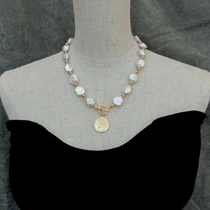 YYGEM 14x17mm Natural Freshwater White Coin Pearl Necklace 21mm Gold Plated Charm Pendant For Women Fashion Jewelry