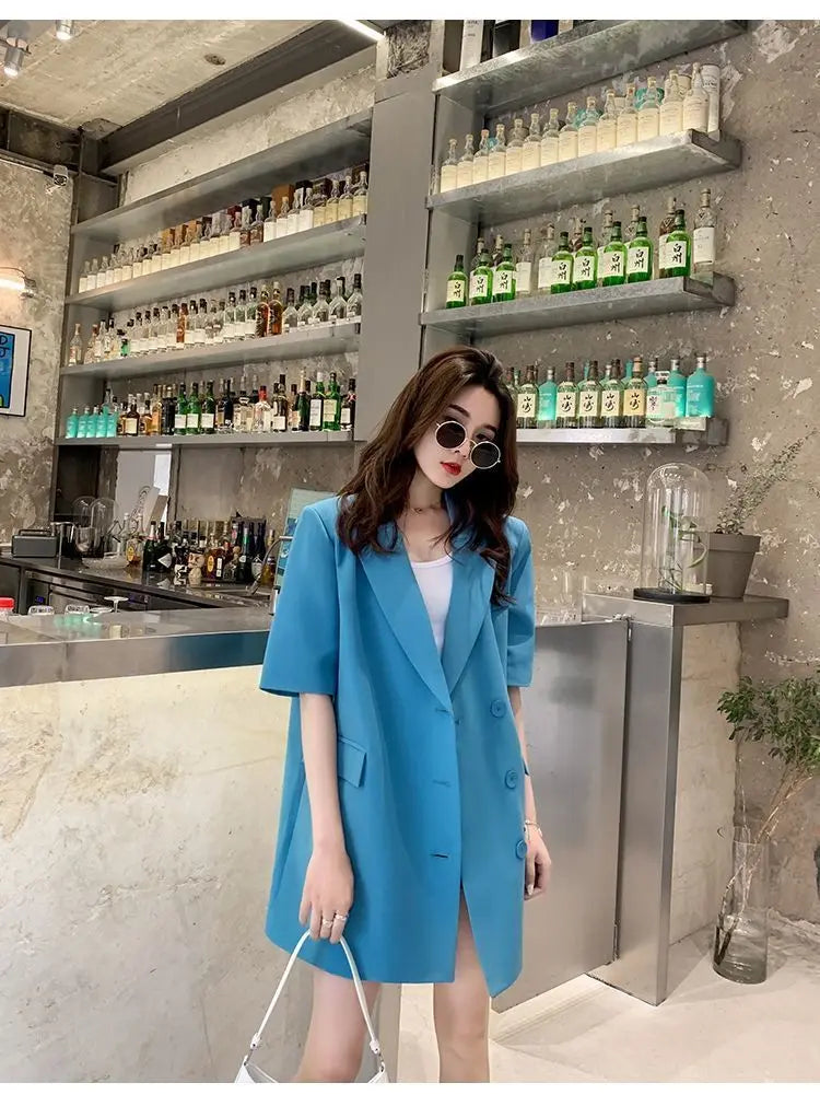 Korean Fashion Loose Thin Blazer Women Spring Autumn New Extra Large Mid Length Short Sleeved Women Coat Casual Outwear