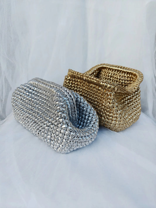 Yingzi Silver Cloth Strip Crochet Clip Bag Woven Underarm Bag Metallic Lustre Clutch Large Size Bag