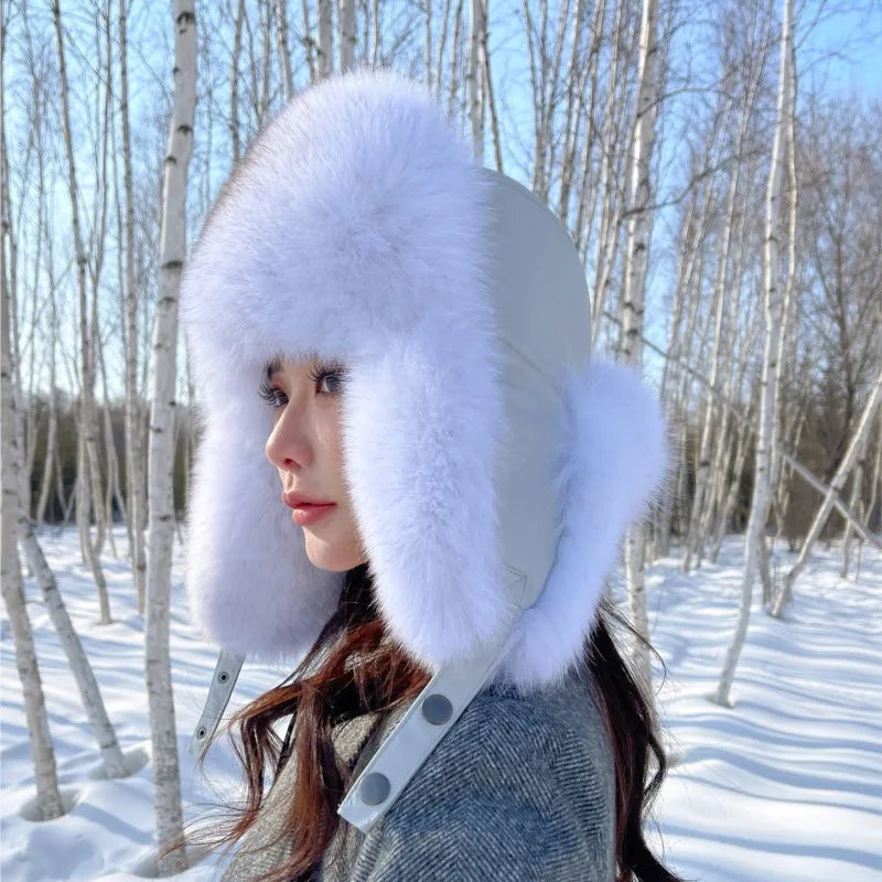 Winter Warm Real Fox Fur Hat Ear-Protecting Hats Women's Genuine Leather Windproof Fox Fur Bomber Hat Thickened Sheepskin Cap