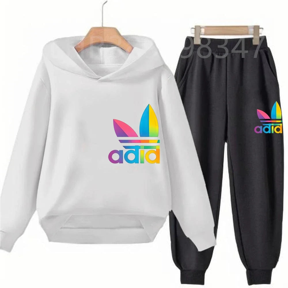 Children Fun Brand Black Clothing Hoodie Coat Sweatshirt Top+Trousers Boys Girls White Toddler 3-12Yrs Casual Kids Pullover Set