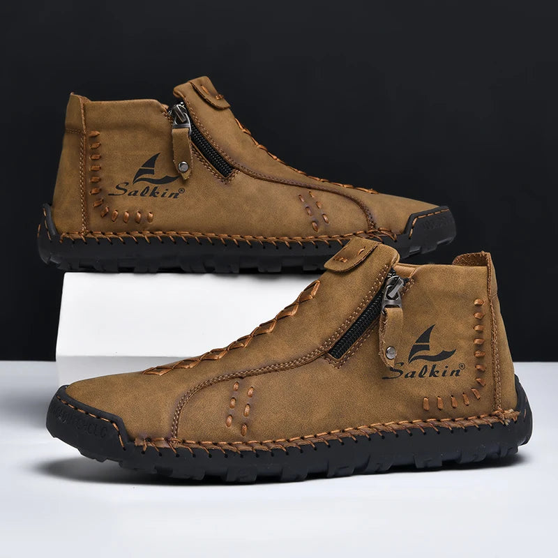 New Winter 2024 Handmade Leather Men Boots Zipper Design Sneakers Man Breathable Casual Leather Shoes Men Ankle Boots Outdoor