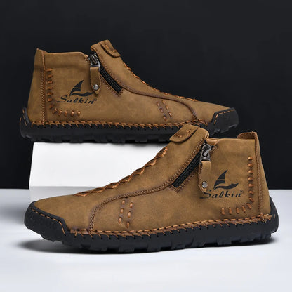 New Winter 2024 Handmade Leather Men Boots Zipper Design Sneakers Man Breathable Casual Leather Shoes Men Ankle Boots Outdoor