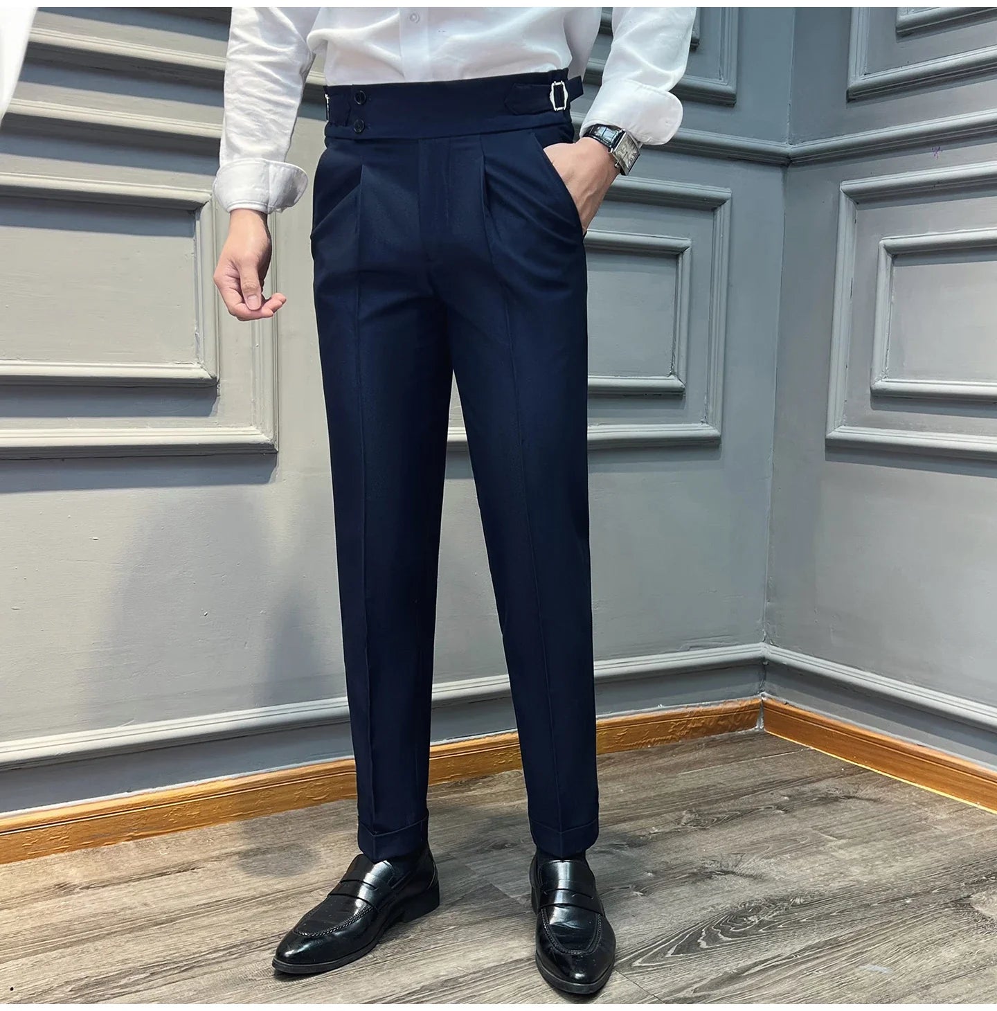 Italian Style Naples High Waisted Straight Pants Men High Quality Solid Color Business Casual Formal Office Social Suit Pants