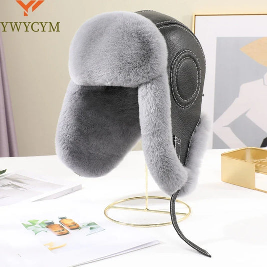 2026  Winter Men's 100% Real Rex Rabbit Fur Bomber Hat Ushanka Cap Trapper Russian Man Ski Hats Caps Real Sheepskin Leather