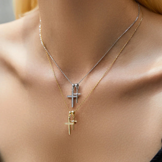 925 Sterling Silver Classic Delicate Double Cross Zircon Link Chain Pendant Necklace For Women Fine Jewelry Gifts