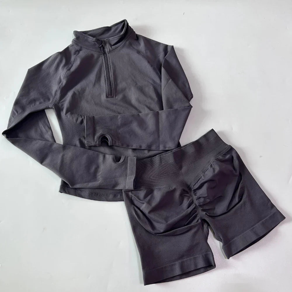 No Logo 2pcs Long Sleeve Yoga Set Women Half Zippy Jacket Longline Sports Top Gym Shorts Fitness Suits Running Coats Workout Set