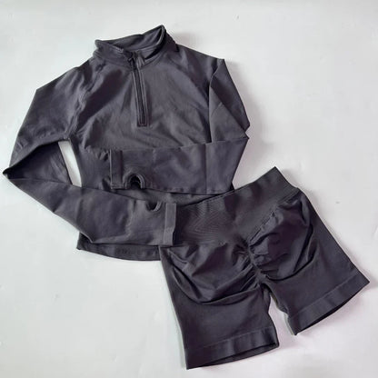 No Logo 2pcs Long Sleeve Yoga Set Women Half Zippy Jacket Longline Sports Top Gym Shorts Fitness Suits Running Coats Workout Set