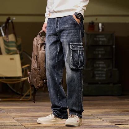 Autumn and winter new styles Men's outdoor multi-pocket cargo jeans Straight loose casual stretch fashion jeans for men