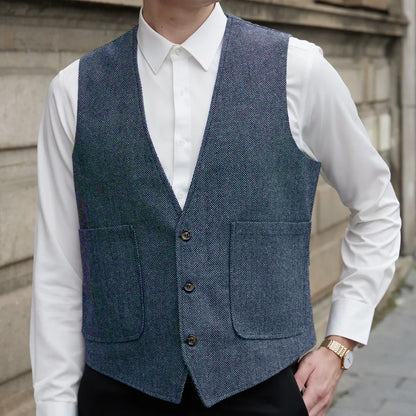 Men Vest Gray Herringbone V Neck Single Button Waistcoat For Wedding Prom Business Casual Formal Daily Office Work Men Suit Vest
