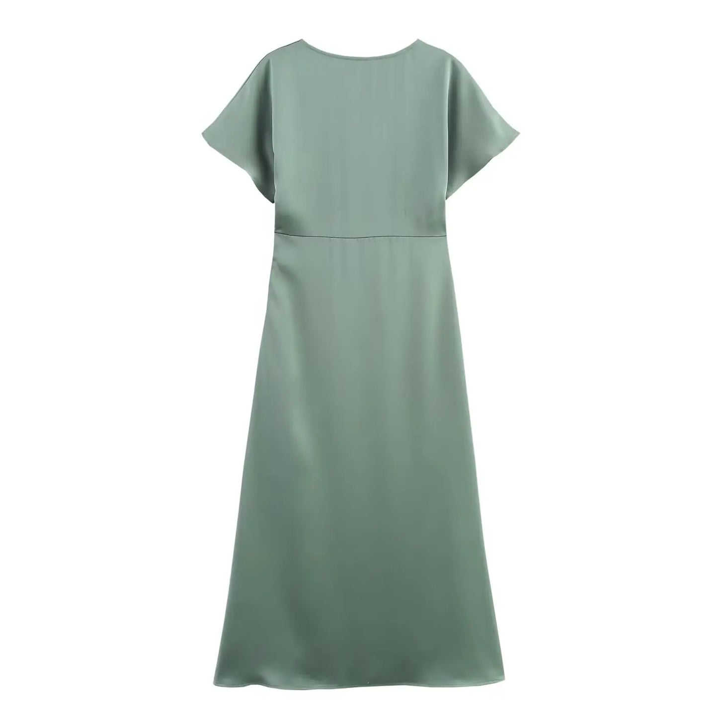 Women Elegant Solid Satin Dress Sexy V Neck Short Sleeve Midi Dress 2025 New Fashion Summer Lady Holidays Party Dress