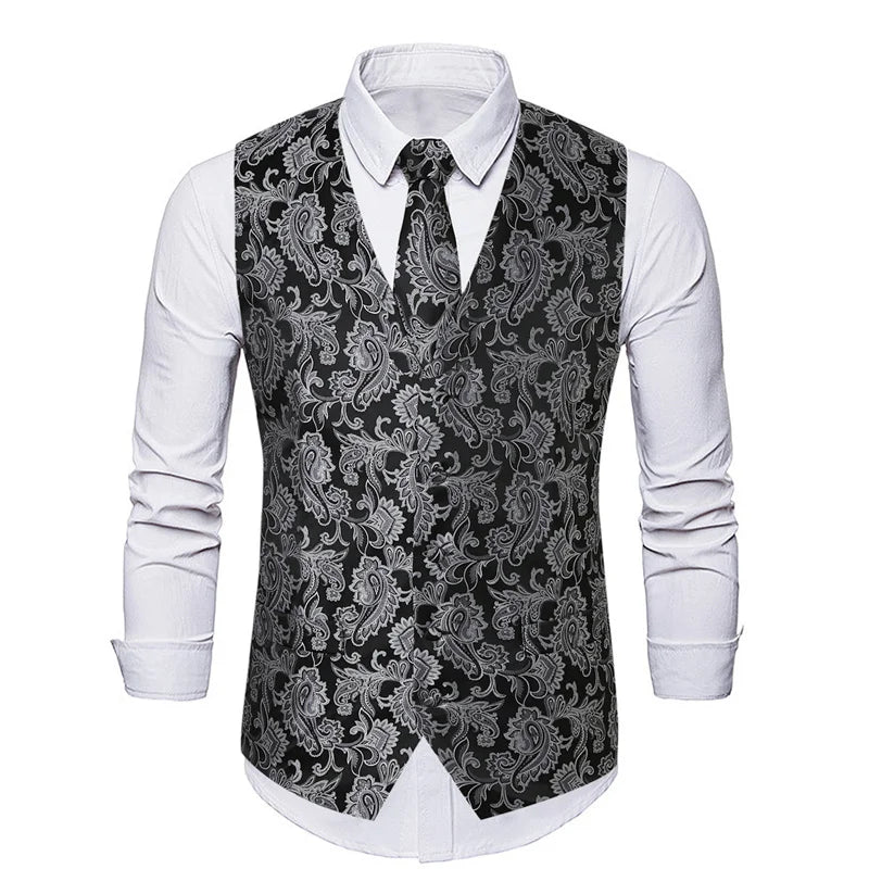 New Men Jacquard Splicing Thin Loose Suit Vest Fashion Homme Wedding Dance Party Dress Waistcoat Free with Tie