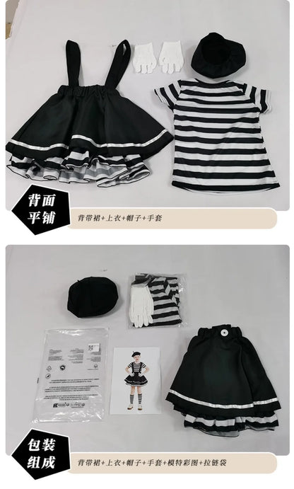 Mime Costume Clown Cosplay Clothing Girls Stage Performance Skirt T-shirt Hat Gloves Halloween Carnival Party Suit ﻿