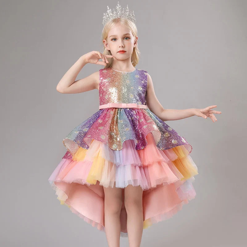 S002 Children's Dress Trailing Princess Spot Pink Girls' June 1 Performance Summer New 2023 Lace Color Matching Mesh