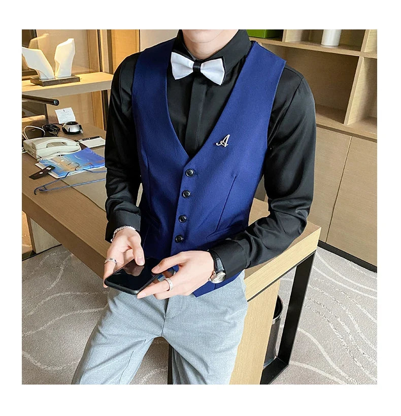 Top Quality Men's Business Casual Slim Vest Fashion Designer Men Classic Solid Color Single Breasted Sleeveless Vest Size 5XL-M
