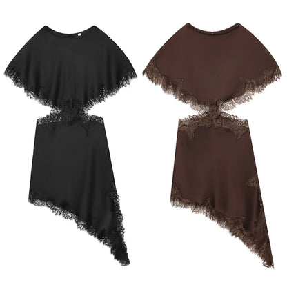 Lace Asymmetric Dress Women 2026 Sexy Mini Satin Batwing Sleeve Dress Luxury Women's Elegant Party Dress Hollow Out Vestido