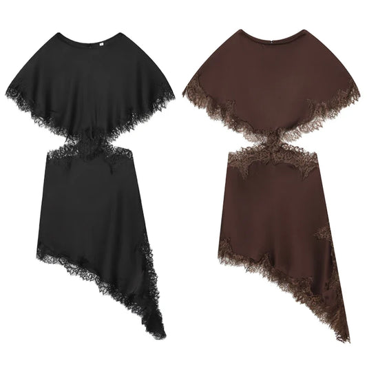 Lace Asymmetric Dress Women 2026 Sexy Mini Satin Batwing Sleeve Dress Luxury Women's Elegant Party Dress Hollow Out Vestido