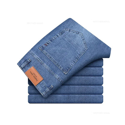 Summer Brand Men's Fit Straight Lightweight Cotton Stretch Jeans Business Casual High Waist Thin Light Grey Jeans mens pants
