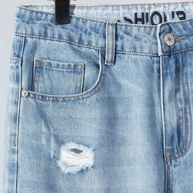 Summer Thin Ripped Jeans Mens Straight Breathable Washed Denim Trousers Casual Streetwear Harlen Ankle Length Pants Light Blue