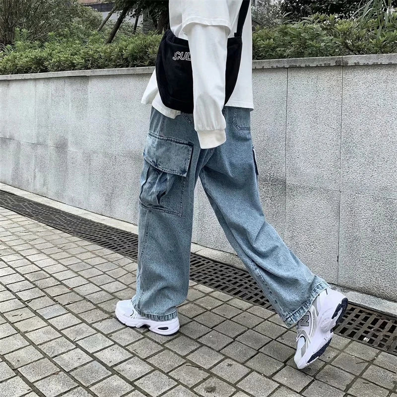 Baggy Jeans Men's Oversize Streetwear Fashion Wide Leg Cargo Pants Hip Hop Harajuku Multi-Pocket Denim Trousers Black Blue