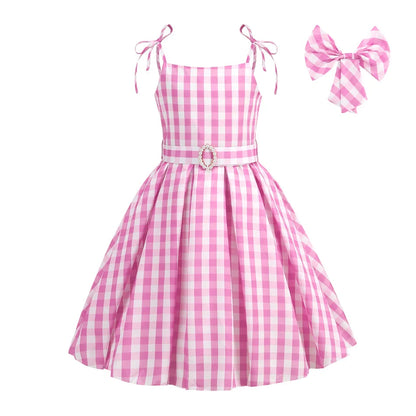 Halloween Hot Movie Barbei Baby Girl Pink Cowboy Look Dress Summer Beach Stripe Cute Sleeveless Plaid Slim Strap Dress Set
