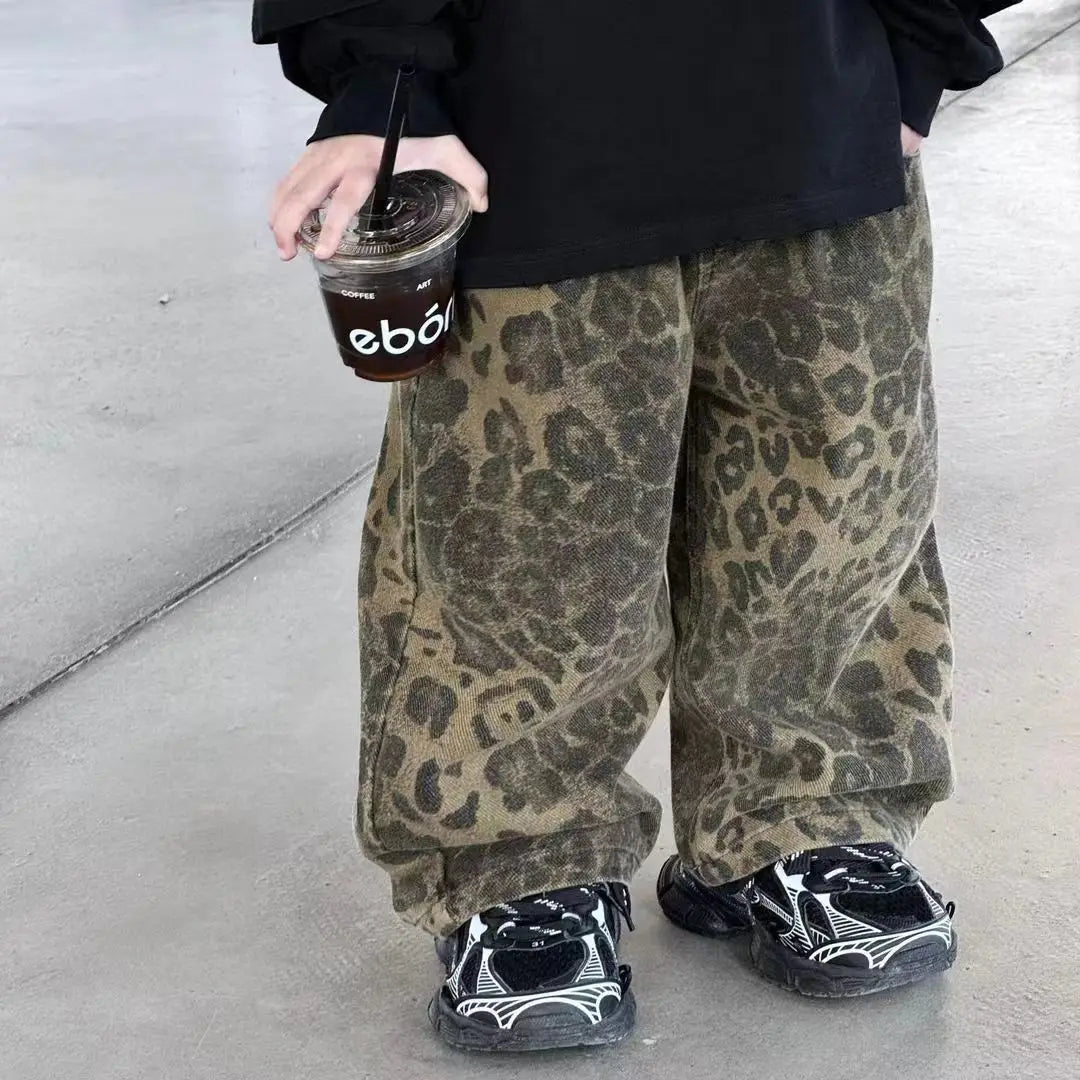 Boys Spring Autumn New Korean Children's Black Letter Sweatshirt + Leopard Vintage Denim Loose Pants Girl Kid Fashion 2pcs Set
