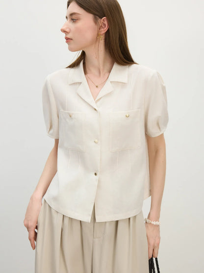 Minimalism Style Linen Short-sleeved Shirt For Women Summer 2025 New Arrival Simple Retro Suit Collar Shirt 25FS12511