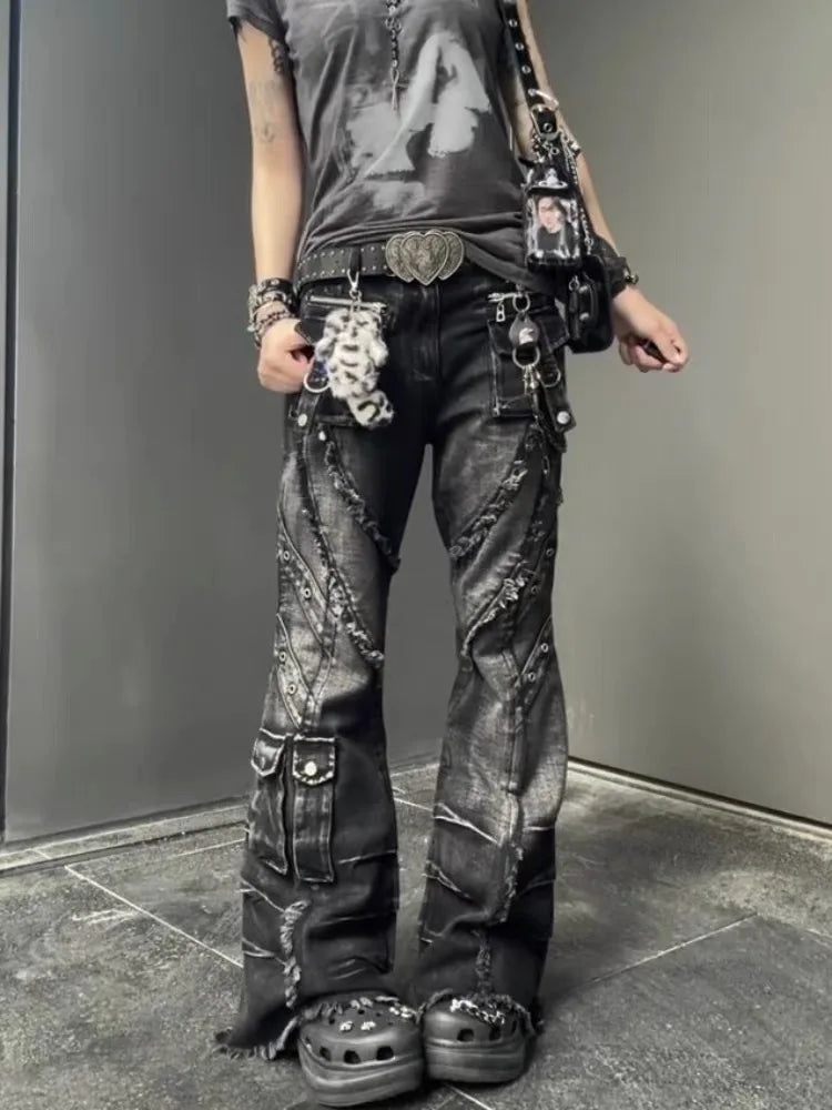 Japanese Y2K 2026 Autumn Winter Women's Denim Flared Jeans Bell Bottom Designer Kpop 2000s Pants Dark Academia Cargo Goblin Core