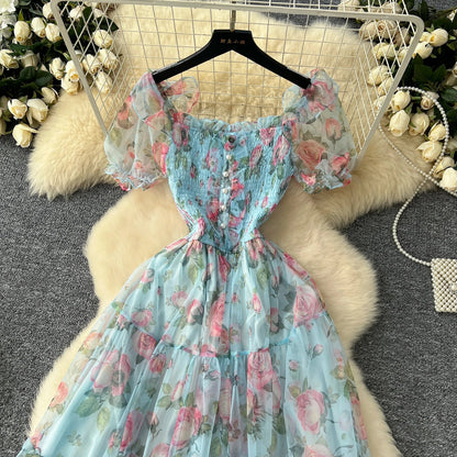 Retro Floral Chiffon Dr Women's Waist Cinched Bubble Sve Me Skirt Tea Break Gentle Soft Sle Korean High Waist A-Lin...