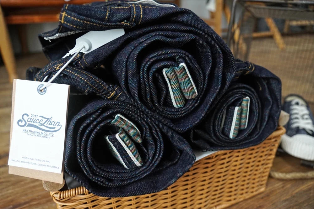 Mens Jeans Rainbow Sanforized Selvedge Denim Jeans Man Python Skin Labels Regular Fit 14 Oz