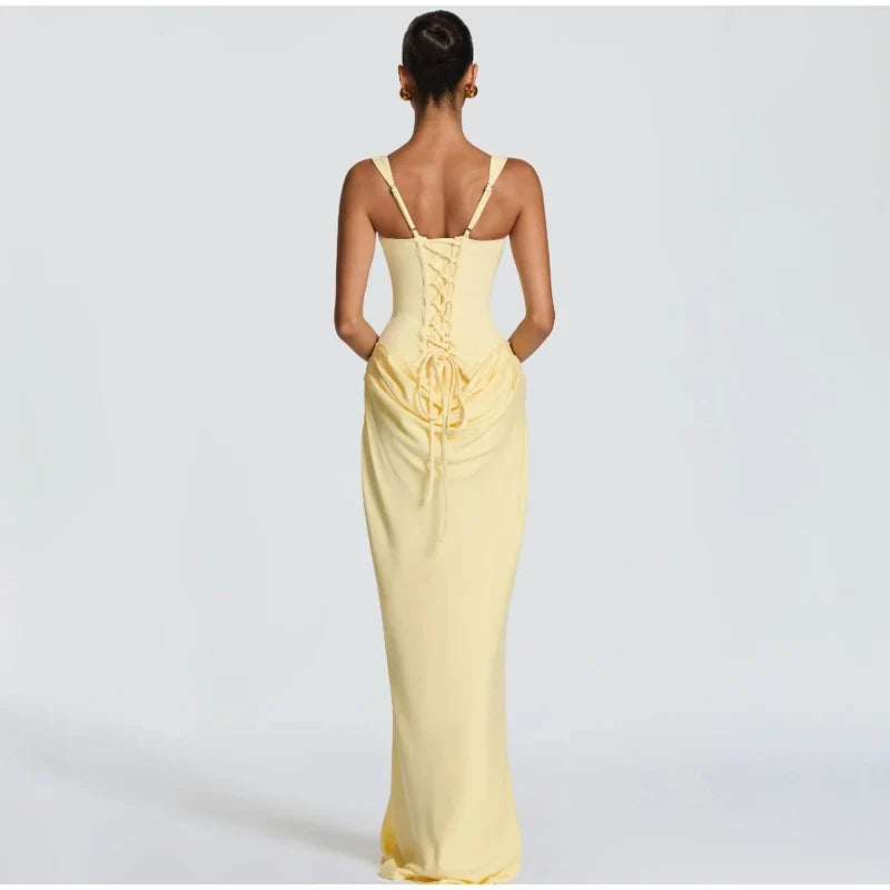 Lady Sexy Strapless Split Solid Pleated Dress Women Chic Backless High Waist Off-shoulder Dresses 2026 New Evening Party Gowns