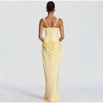 Lady Sexy Strapless Split Solid Pleated Dress Women Chic Backless High Waist Off-shoulder Dresses 2026 New Evening Party Gowns